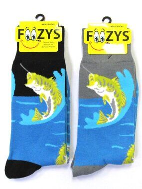 2 Pairs Men's Foozys Bass Fishing Fish Novelty Fun Crew Socks